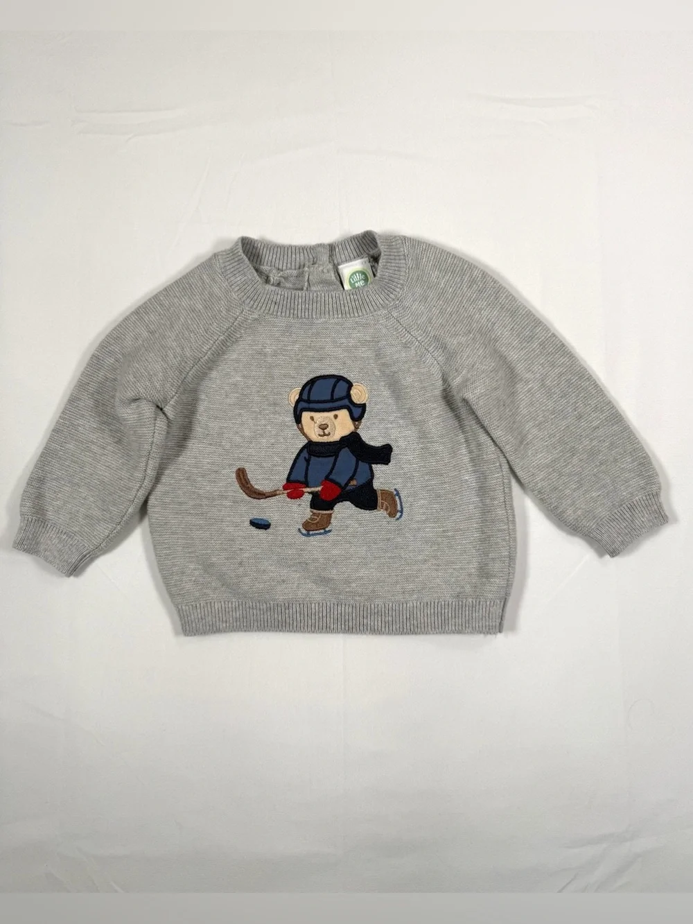 LITTLE ME Hockey Bear Knit Sweater 6M Gray Cotton Baby Pullover Winter Bear
